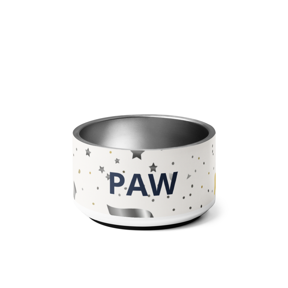 Pet bowl with 'PAW' text on a white background