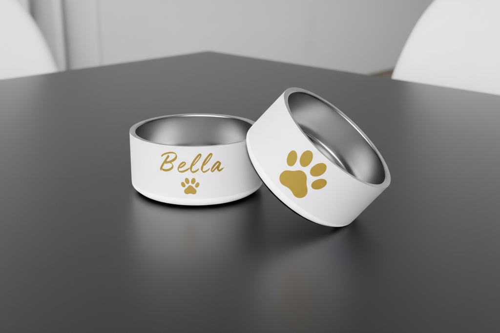 Two silver pet bowls with 'Bella' and a paw print on a dark surface