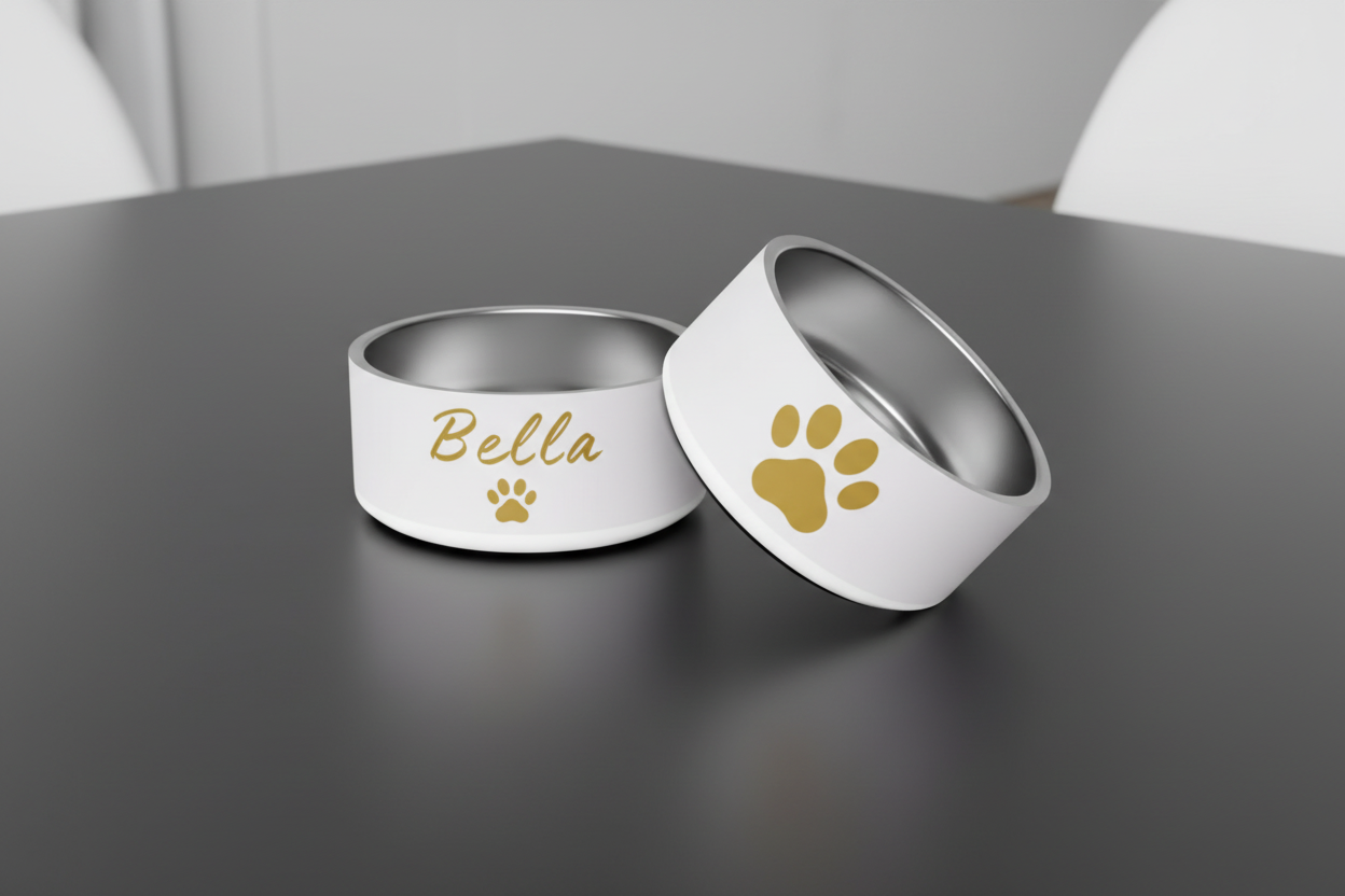 Two silver pet bowls with 'Bella' and a paw print on a dark surface