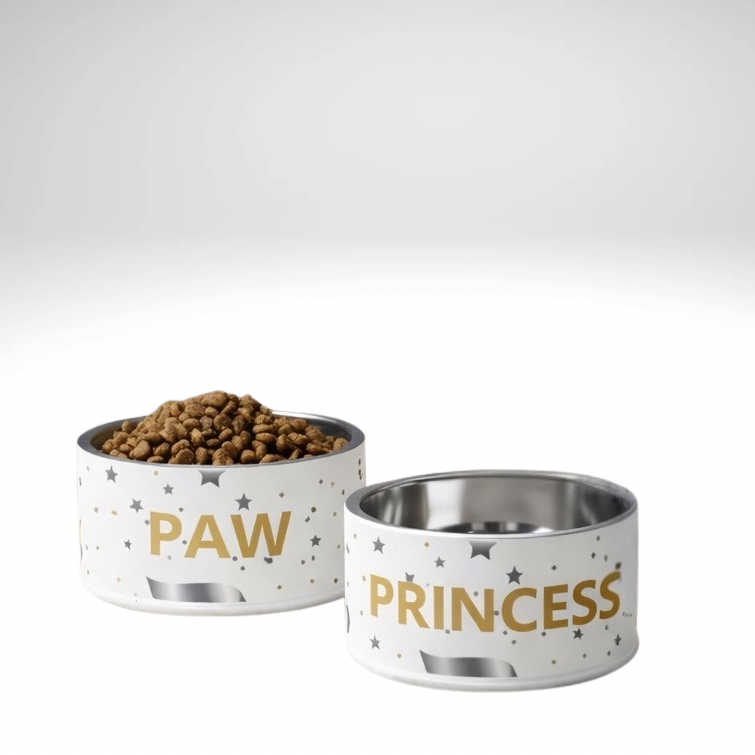 Two stylish stainless steel dog bowls with PAW PRINCESS lettering and modern patterns on a white background