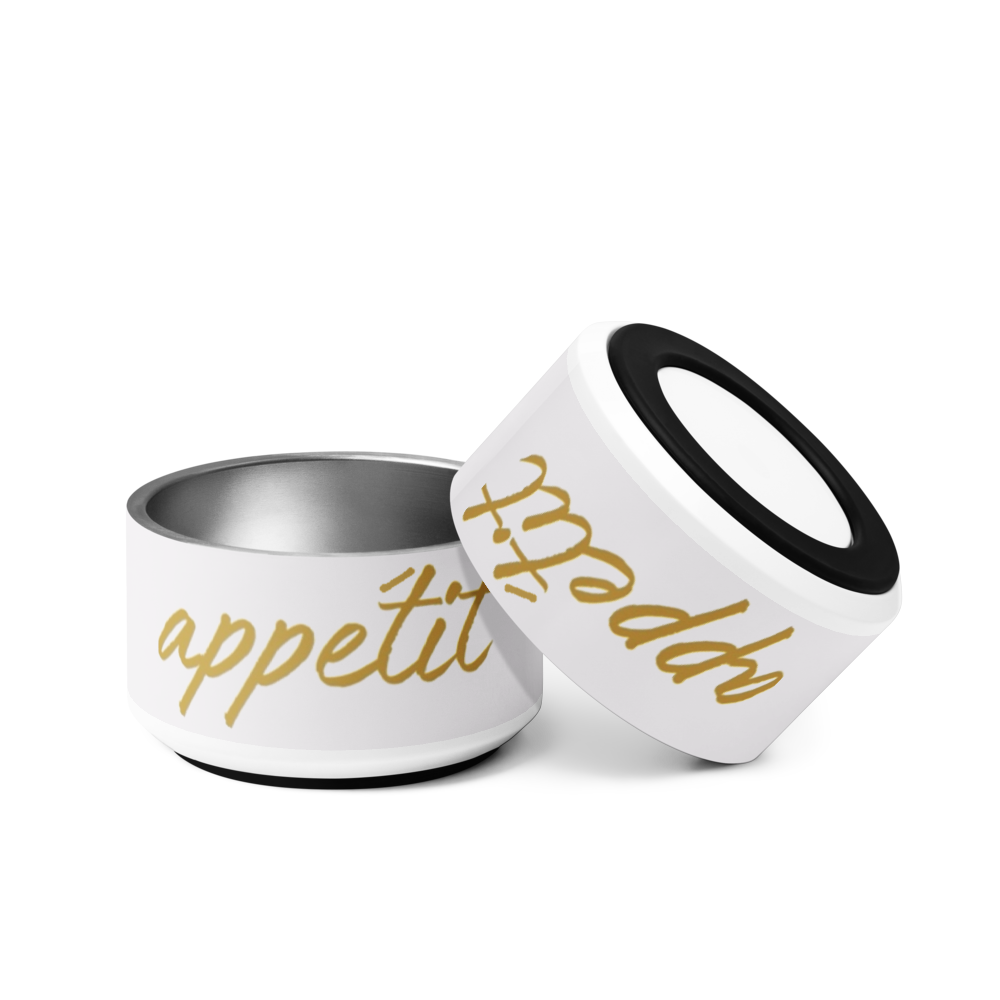 Two stainless Steel bowls with gold text ‘ Appetite ‘ Inverted to show the nonslip rubber base a white background.