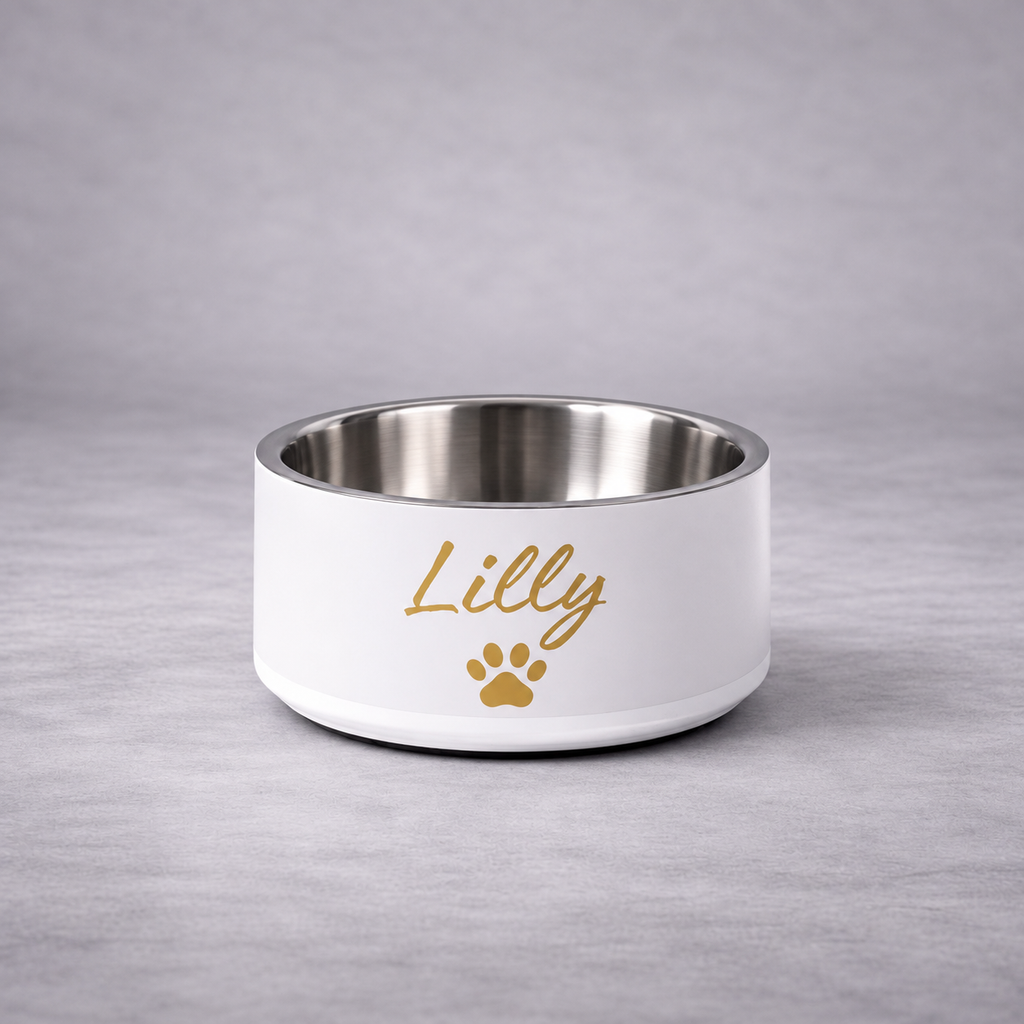 A ivory pet bowl with a stainless steel interior, with the name 'Lilly' in gold script and a gold paw print, set against a neutral gray background.