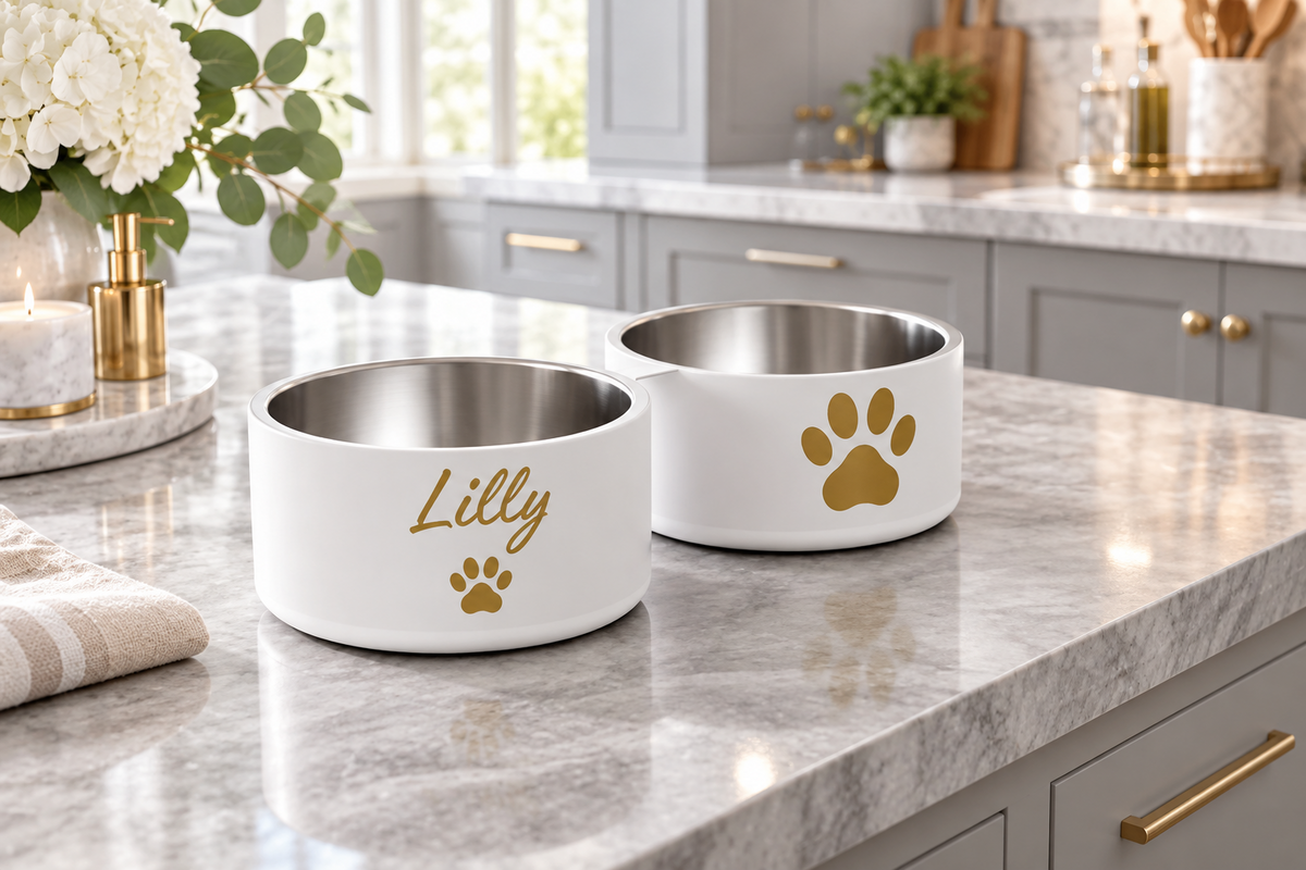 Two stylish stainless steel dog bowls on a marble surface, one with 'Lilly' and paw print, design on a marble table