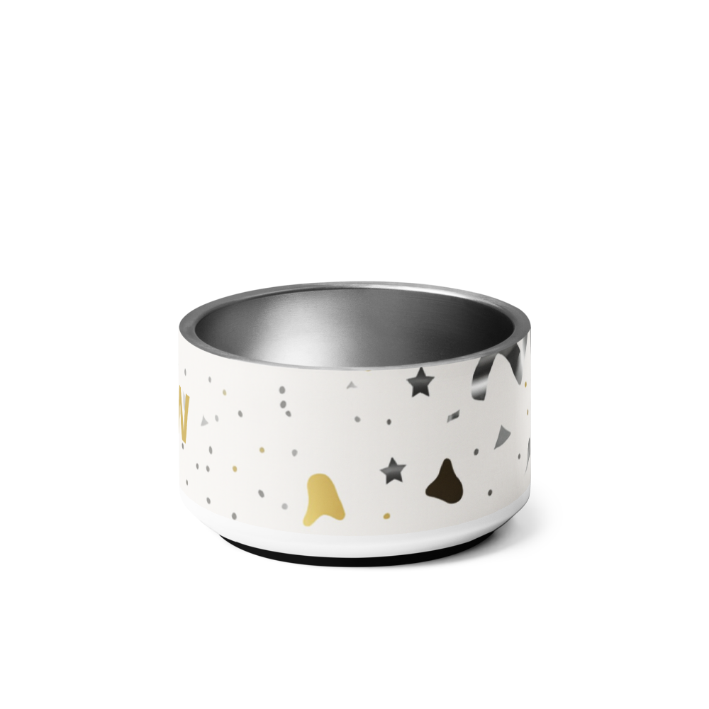 White pet bowl with star and moon patterns on a white background