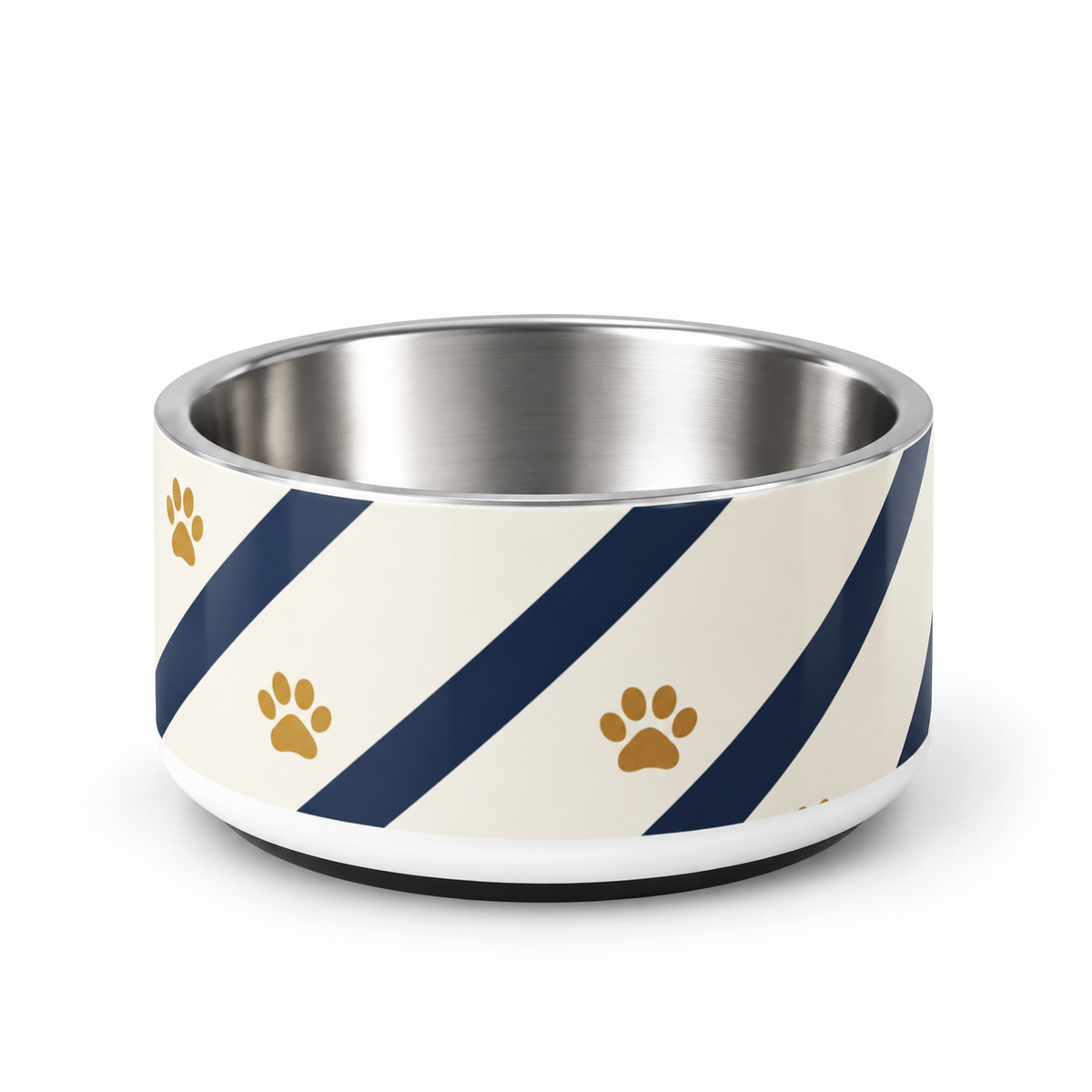 Back image of dog bowl featuring diagonal navy-blue stripes and gold paw prints, with a stainless-steel interior and an ivory base.