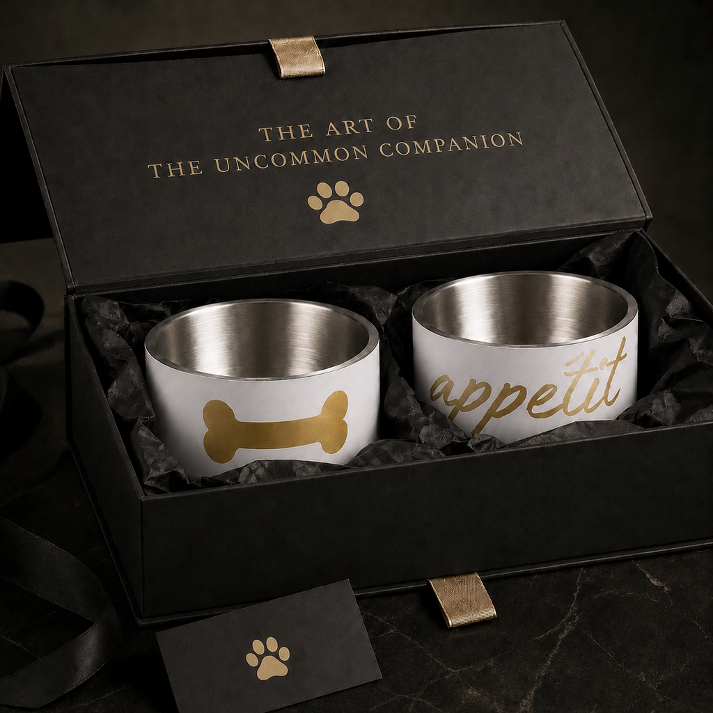 A black gift box lid open, displaying two ivory dog bowls stainless steel. Bone image and appetite dog bowl set. 