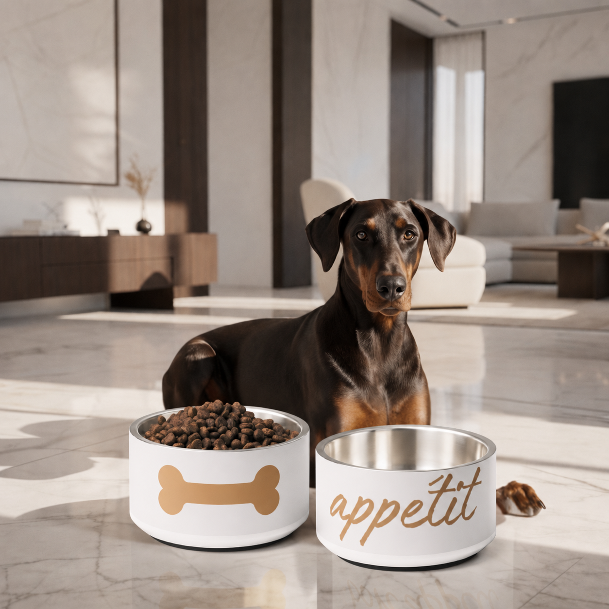 Dog sitting on a marble floor with two food bowls, one image dog bone, one labeled 'appetit'.
