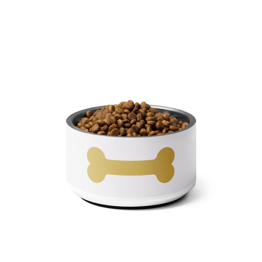 White pet bowl with a gold bone design containing pet food on a white background