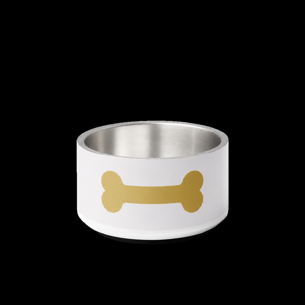 Metallic dog bowl with a gold bone design on a white background