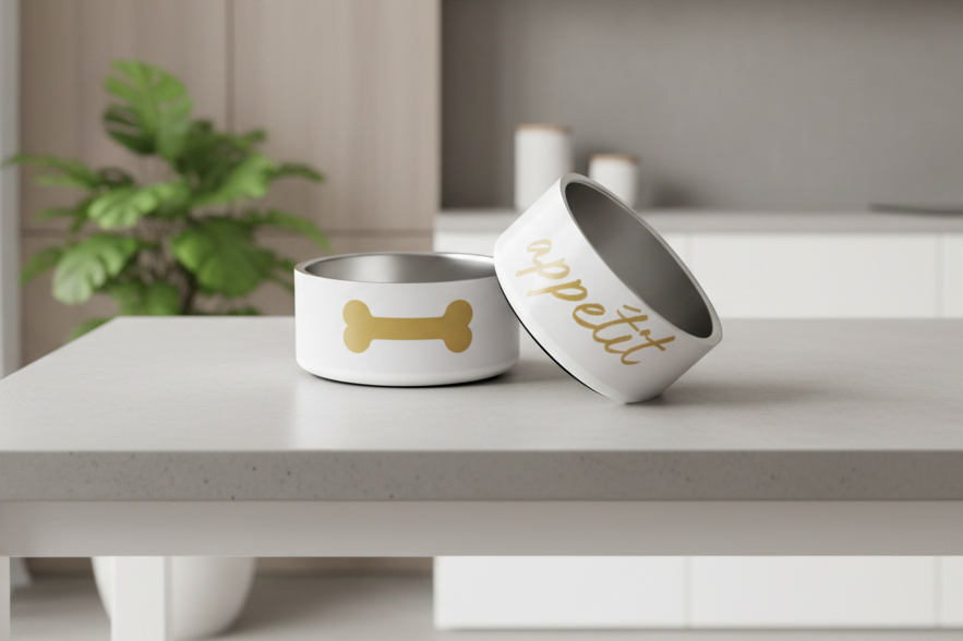 Two designer stainless steel dog bowls with 'appétit' and bone design on a table.