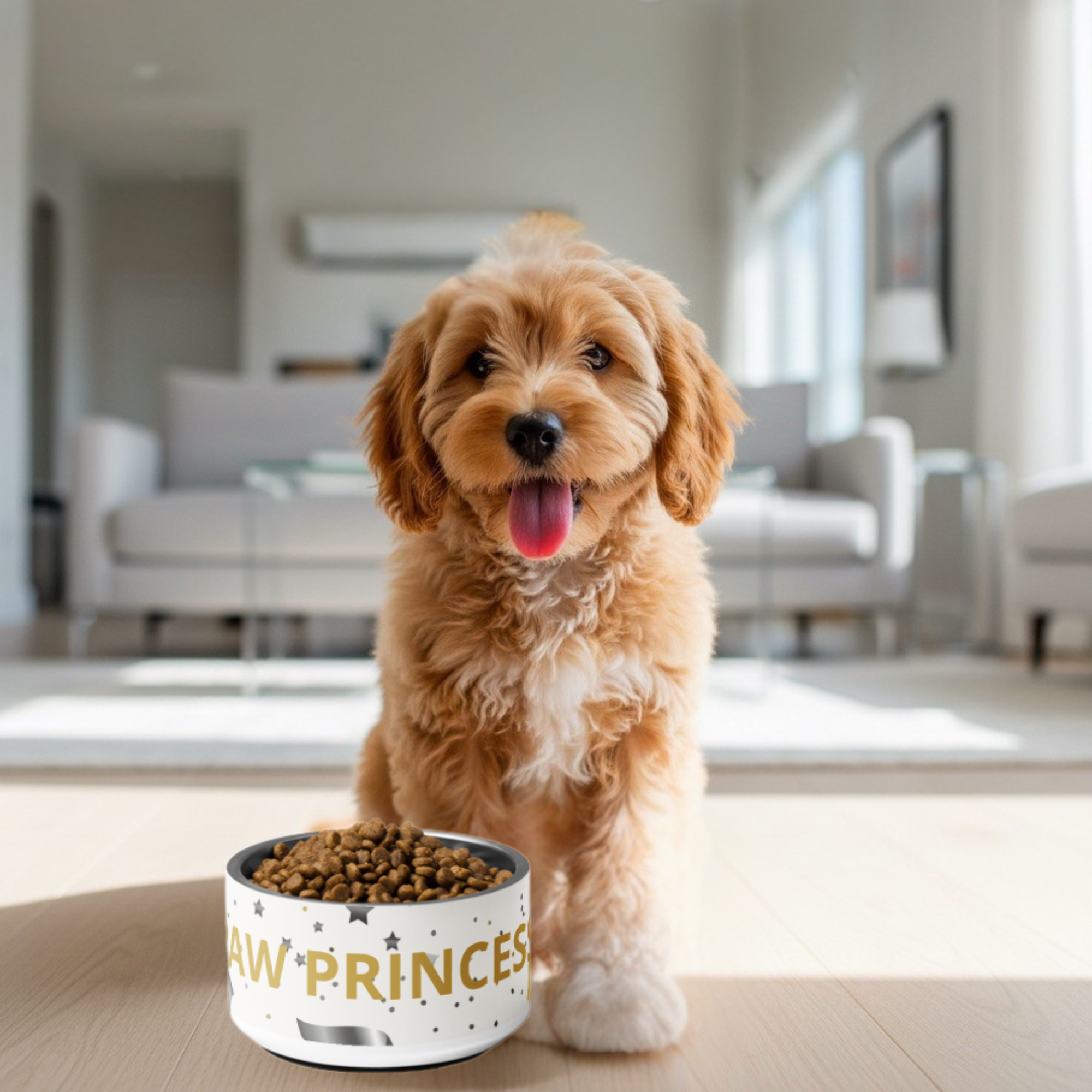 Luxury Stainless Steel Dog Bowl, Modern Pattern, “PAW PRINCESS”, Gold, 18 and 32 oz.