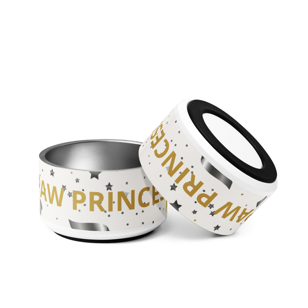 Luxury Stainless Steel Dog Bowl, Modern Pattern, “PAW PRINCESS”, Gold, 18 and 32 oz.