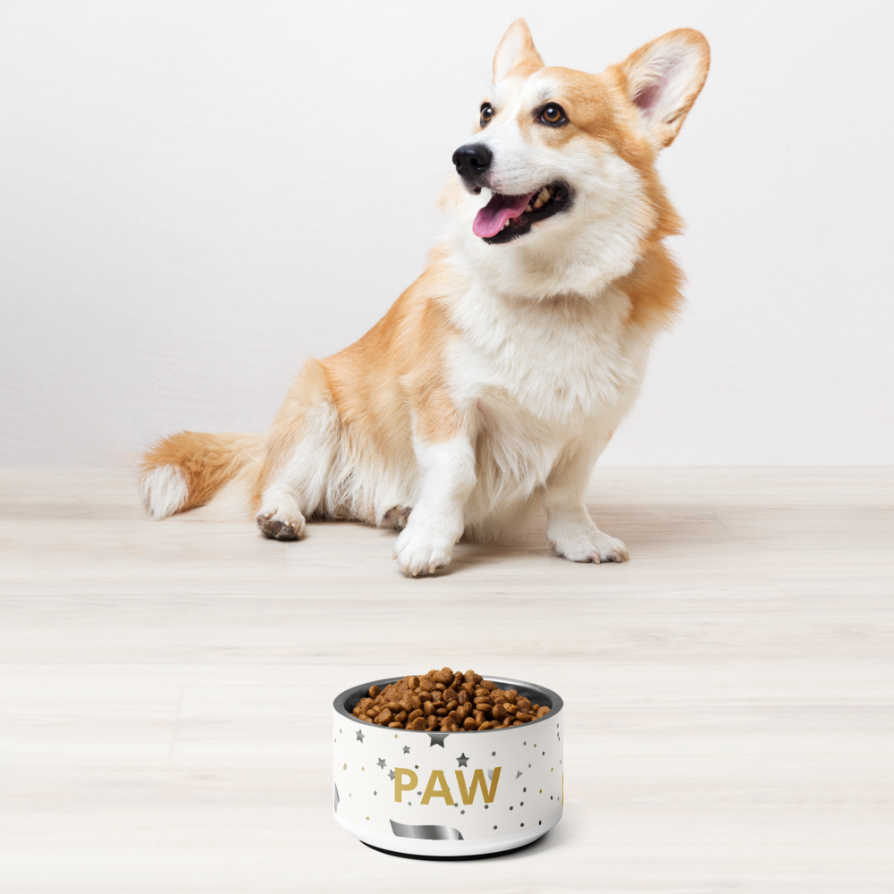 Dog sitting next to a white dog bowl with 'PAW' on it against a light background