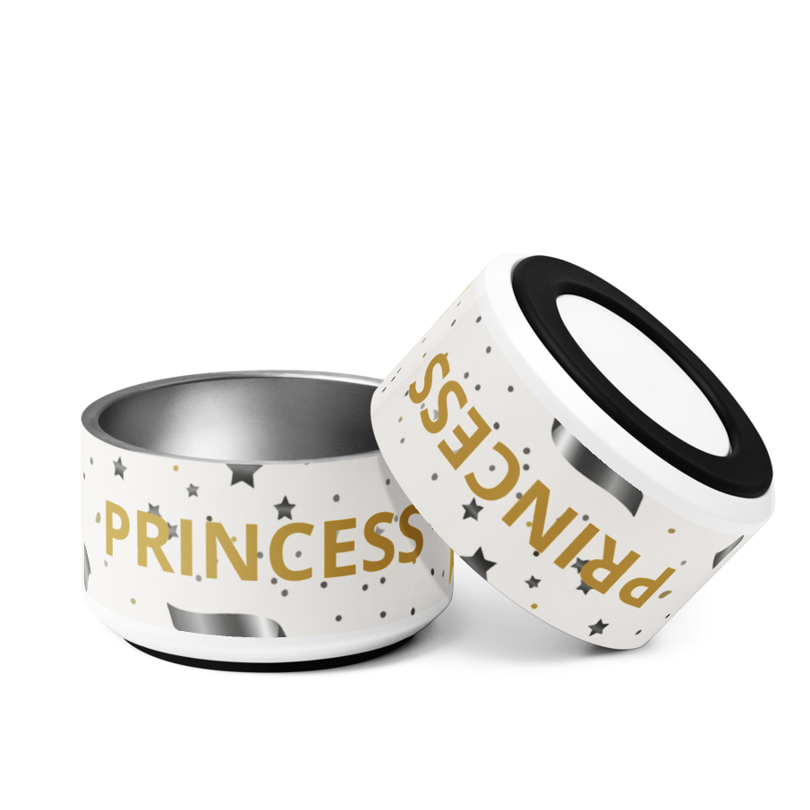 Two ceramic bowls, one labeled 'PRINCESS' and the other 'PRINCE', on a white background.