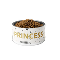 White bowl with 'PRINCESS' text filled with pet food on a black background