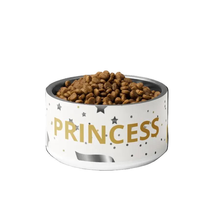 White bowl with 'PRINCESS' text filled with pet food on a black background
