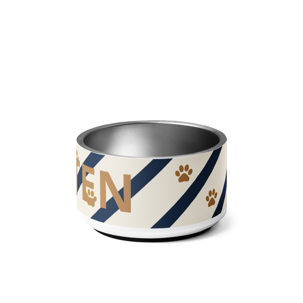 Pet bowl with striped pattern and paw prints on a white background