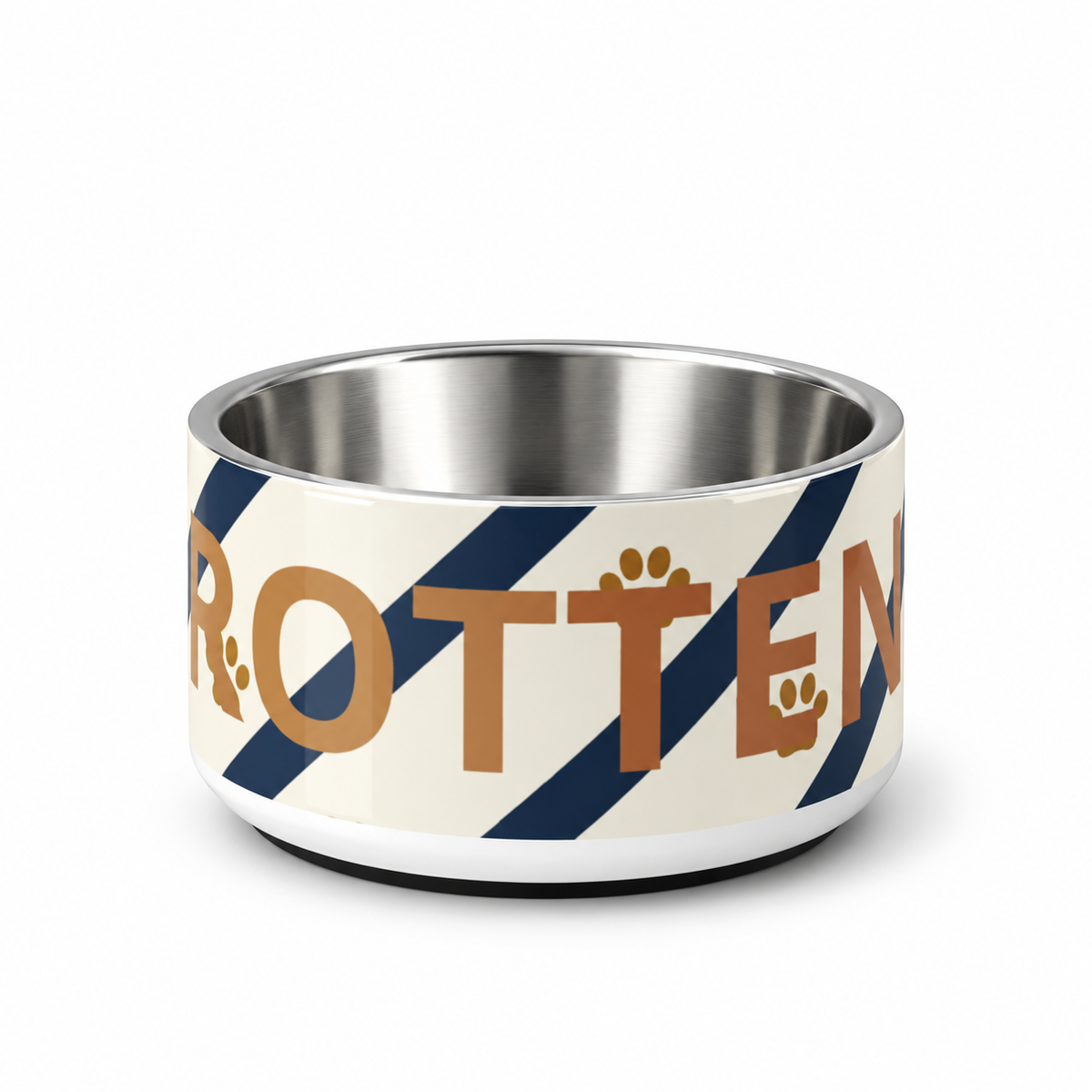 A ivory stainless steel dog bowl with blue strips and paw prints, text with 'Rotten' in a white background 