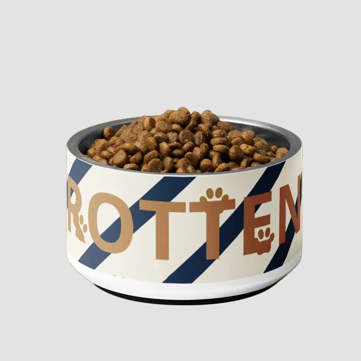 A dog bowl with text 'Rotten' stainless steel with brown kibble, this dog bowl comes as a set 'Spoiled Rotten'
