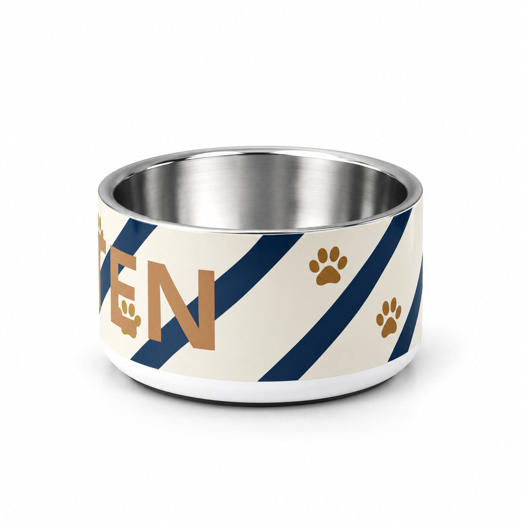 A ivory stainless steel dog bowl shown from the left side with blue strips and paw prints, text with 'Spoiled' on a white background.