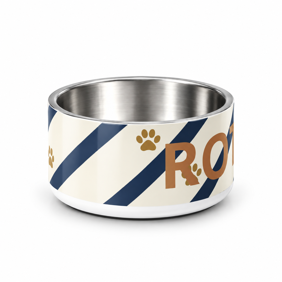 A ivory stainless steel dog bowl shown from the right side with blue strips and paw prints, text with 'Spoiled' on a white background.