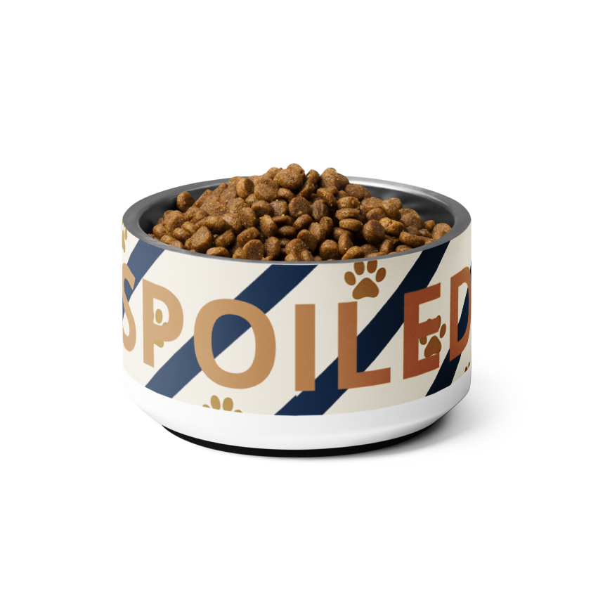 Dog food bowl with 'Spoiled' text and dog food inside on a white background