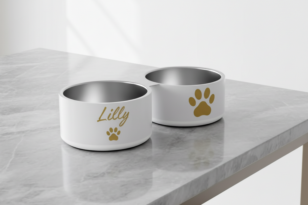 Two stylish stainless steel dog bowls on a marble surface, one with 'Lilly' and paw print, design on a marble table