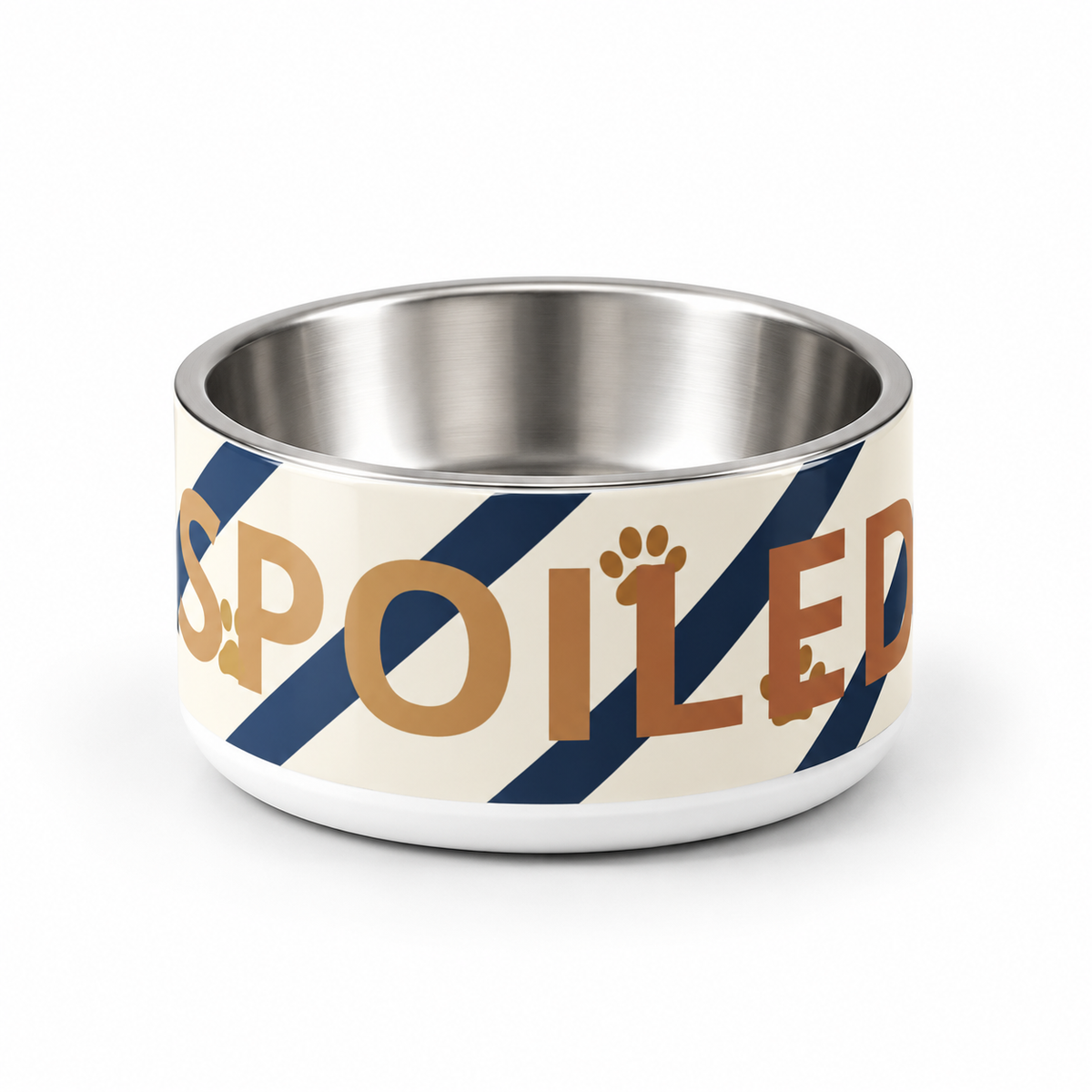 A ivory stainless steel dog bowl with blue strips and paw prints, text with 'Spoiled' in a white background 