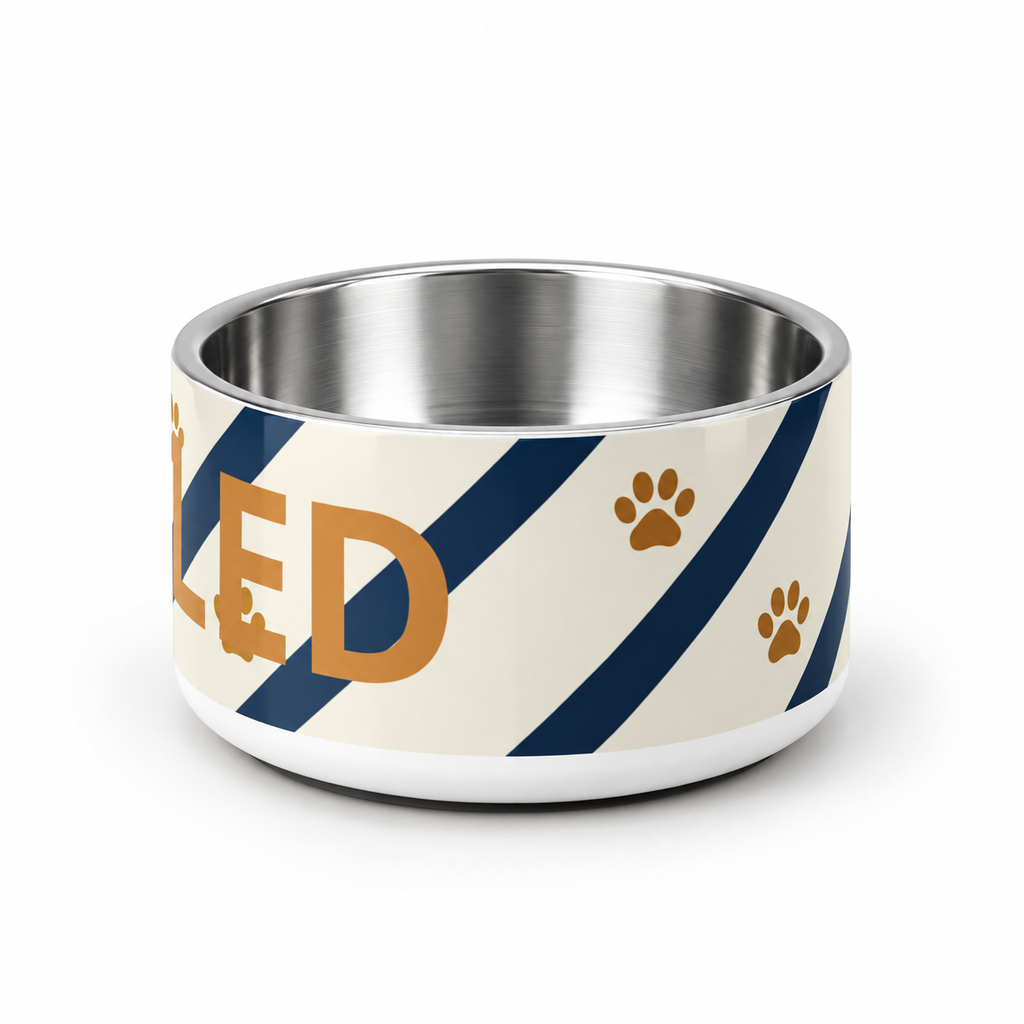 A ivory stainless steel dog bowl shown from the left side with blue strips & paw prints, text with 'Spoiled' on a white background 