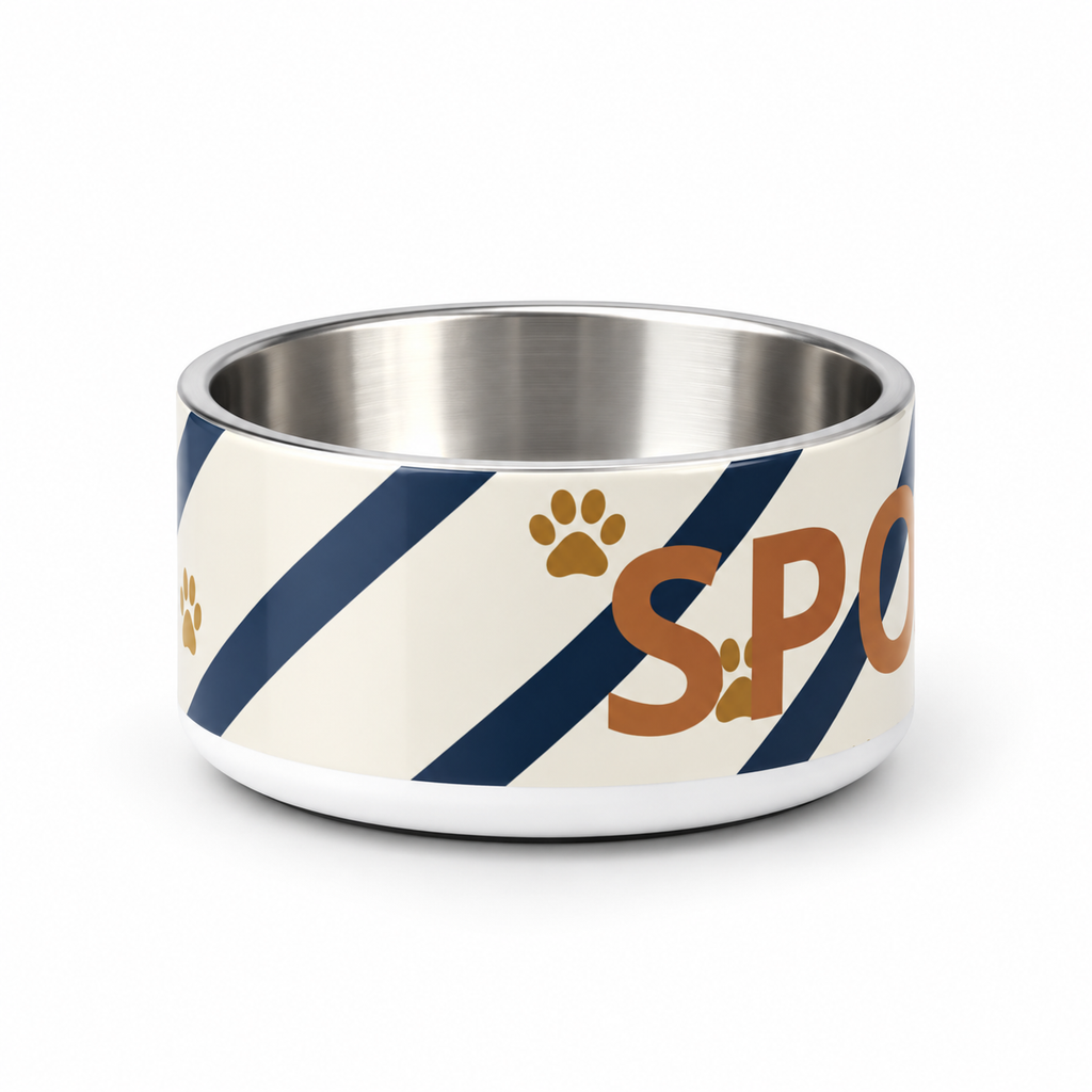 A ivory stainless steel dog bowl shown from the right side with blue strips and paw prints, text with 'Spoiled' on a white background 