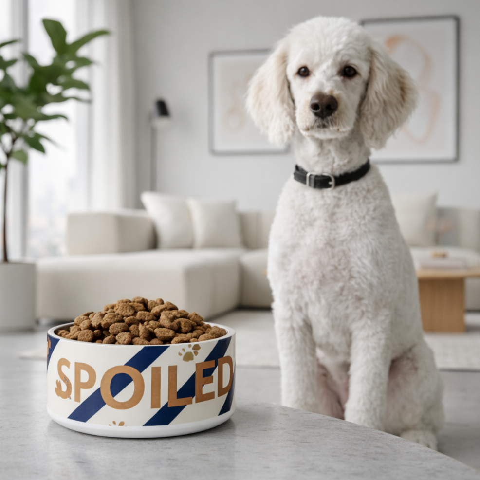 Ivory Whisper dog sitting next to a 'SPOILED' dog bowl filled with kibble in a living room.