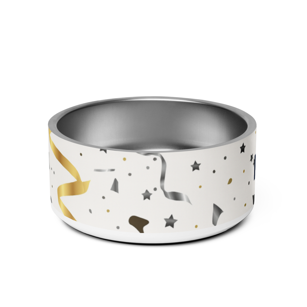 Dog bowl with star and moon design on a white background