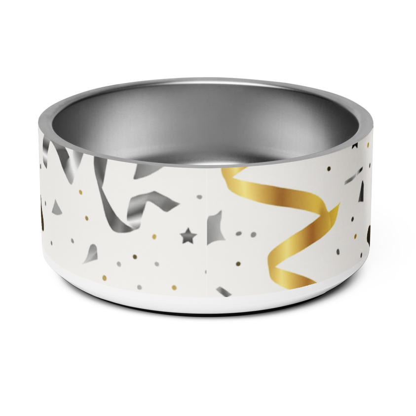 Dog bowl with decorative pattern on a white background