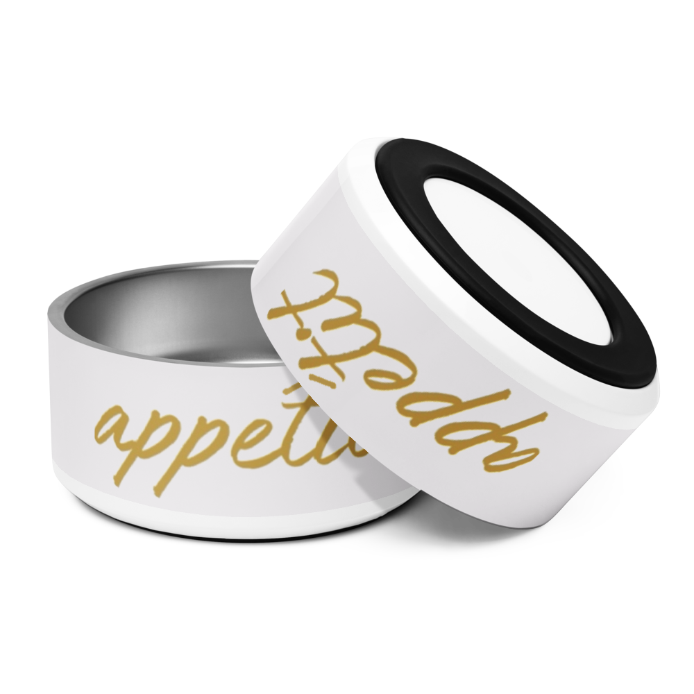 Two stainless Steel bowls with gold text ‘ Appetite ‘ Inverted to show the nonslip rubber base a white background.