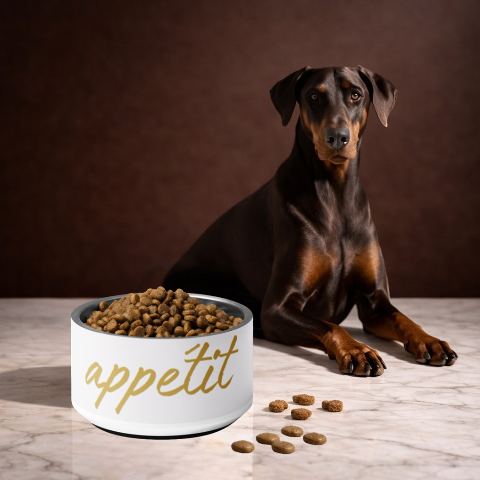 Dog sitting next to a bowl of food with 'appetite' text on a marble surface.