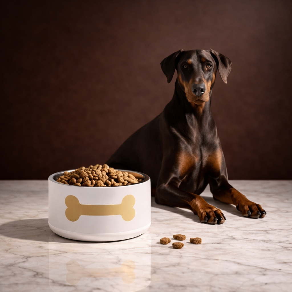 Dog sitting next to a modern stainless steel bowl of kibble on a marblesurface with a brown background