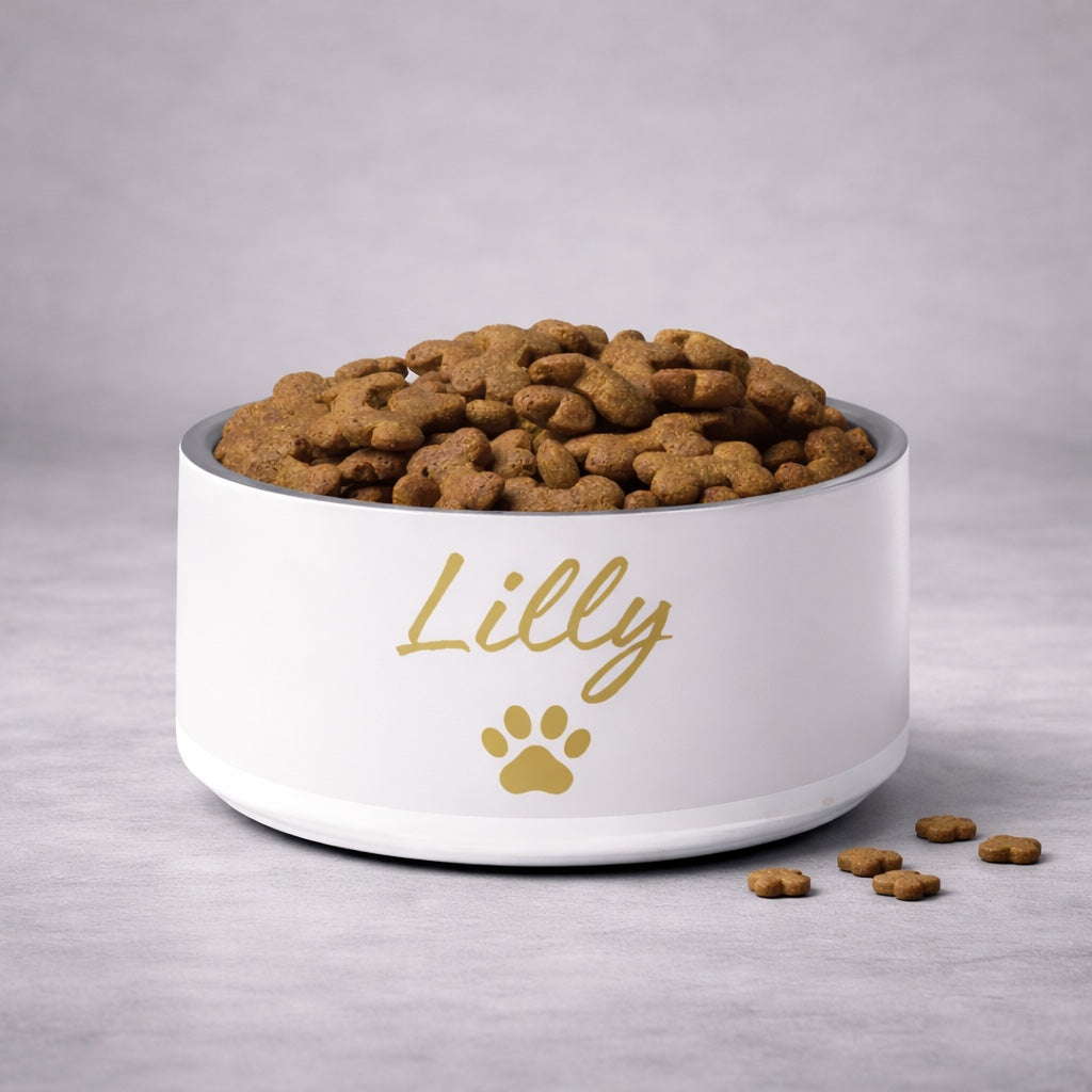 White bowl with 'Lilly' and a paw print, filled with dog food on a gray background
