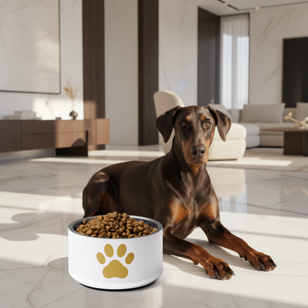Dog lying on a modern floor with a modern dog bowl, with paw pattern in a stylish room.