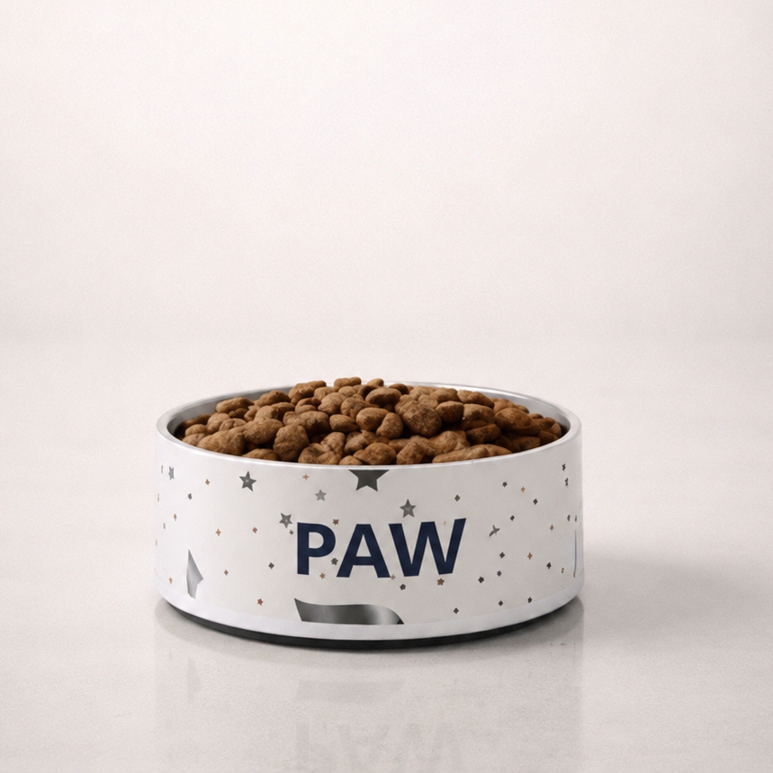 Luxury Stainless Steel Dog Bowl, Modern Pattern Gold and Silver , “PAW”, 18 and 32 oz.