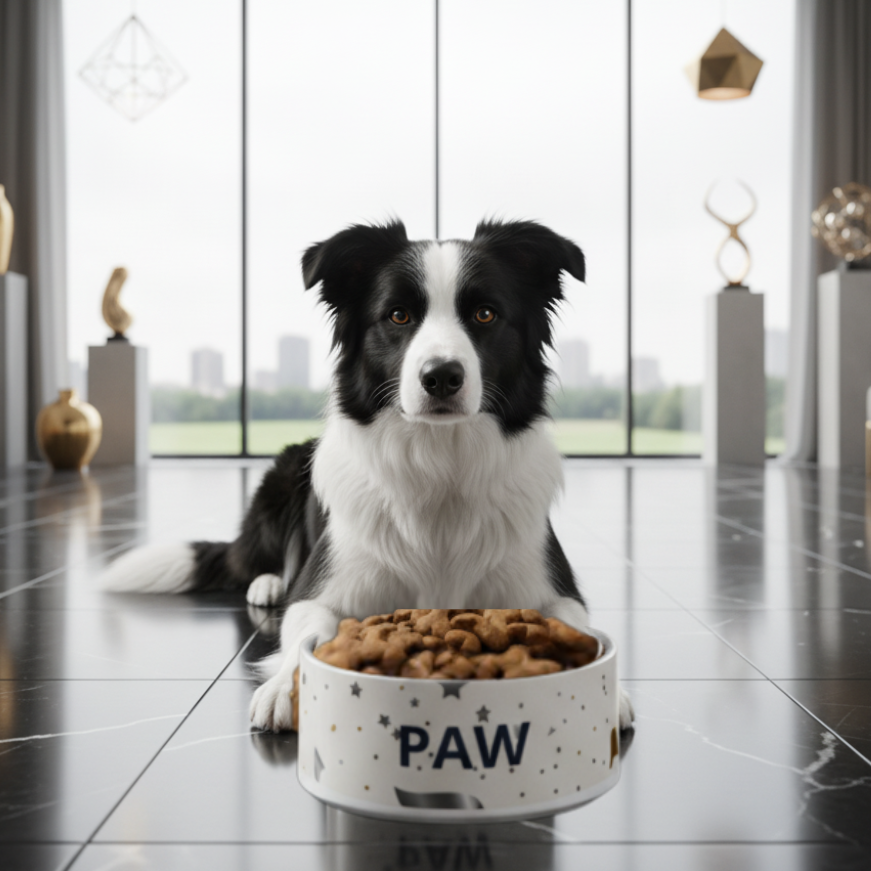 Dog sitting next to a bowl of treats on a polished floor in a modern room.