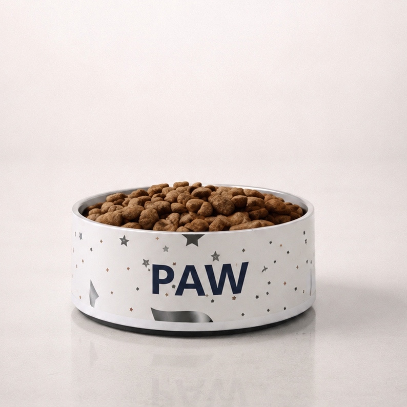 Dog food bowl with 'PAW' branding on a light background