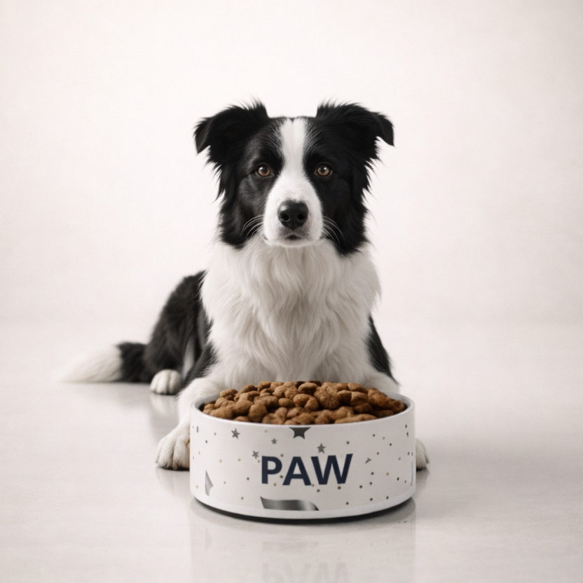 Dog sitting next to a large dog bowl filled with kibble on a white background