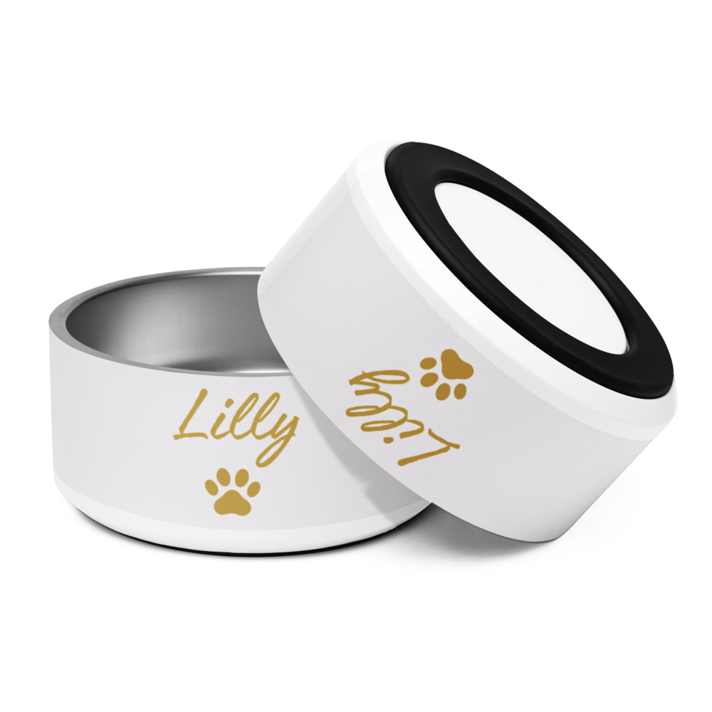 Ivory Whisper pet bowl with black interior and 'Lilly' engraved, on a white background