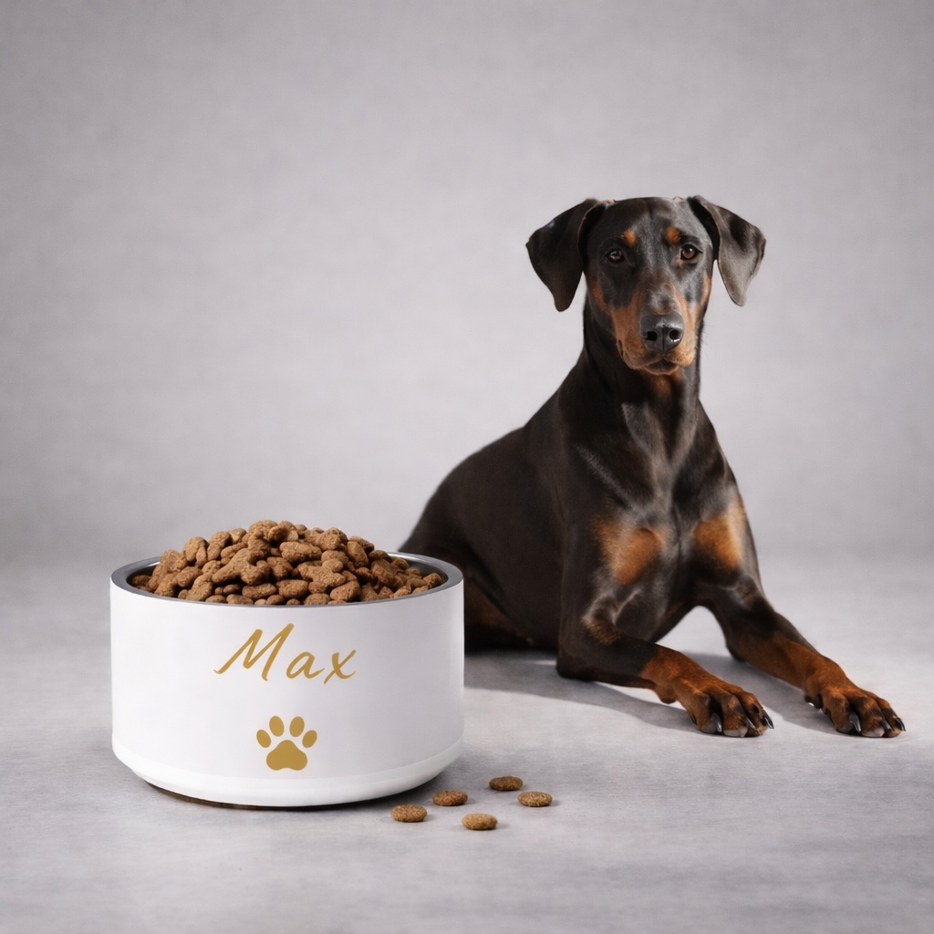 Dog sitting next to a white bowl labeled 'Max' filled with dog food on a gray background