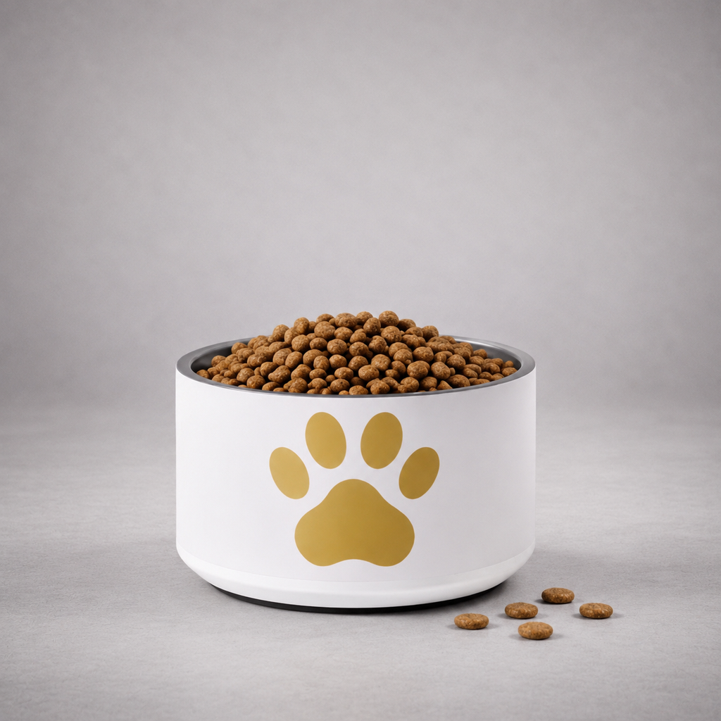 White pet bowl with gold paw print design filled with dog food on a gray background