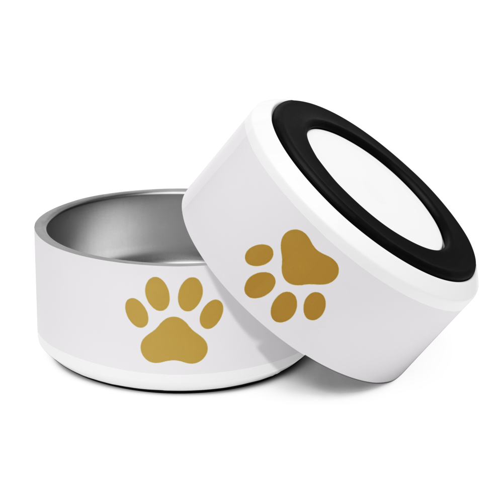 White pet bowl with gold paw prints and black interior on a white background