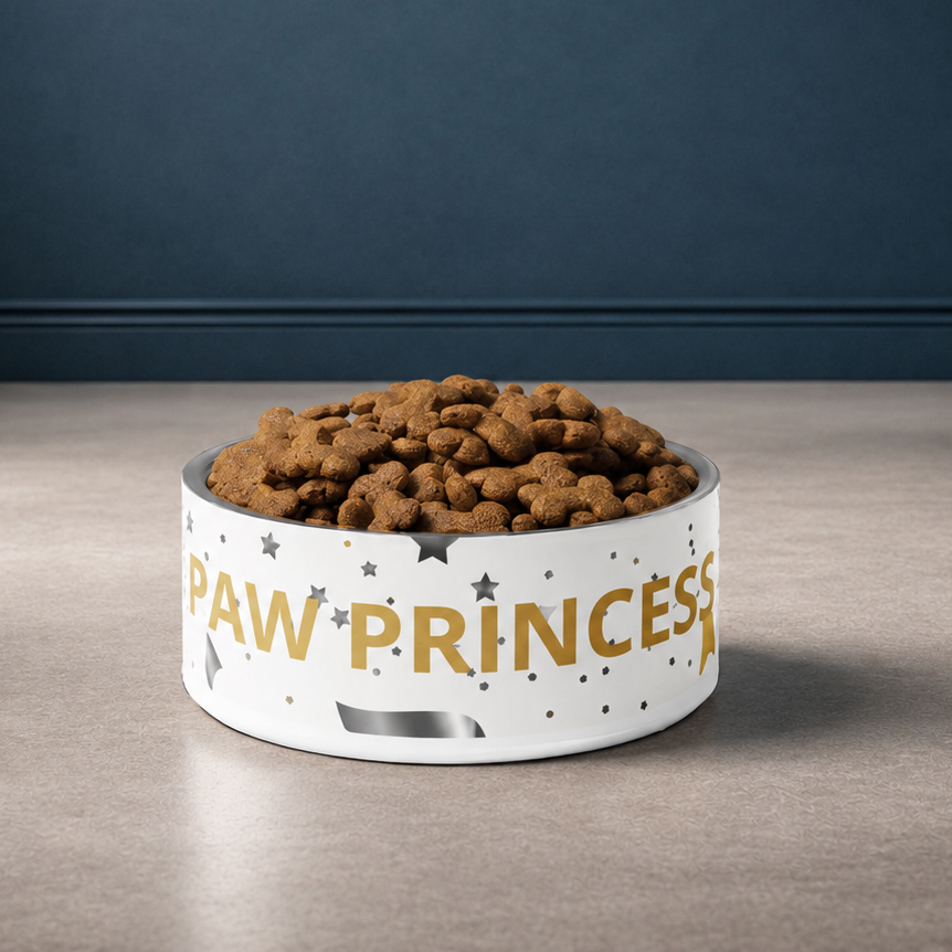 White bowl with 'Paw Princess' text filled with dog food on a wooden floor against a dark blue wall.
