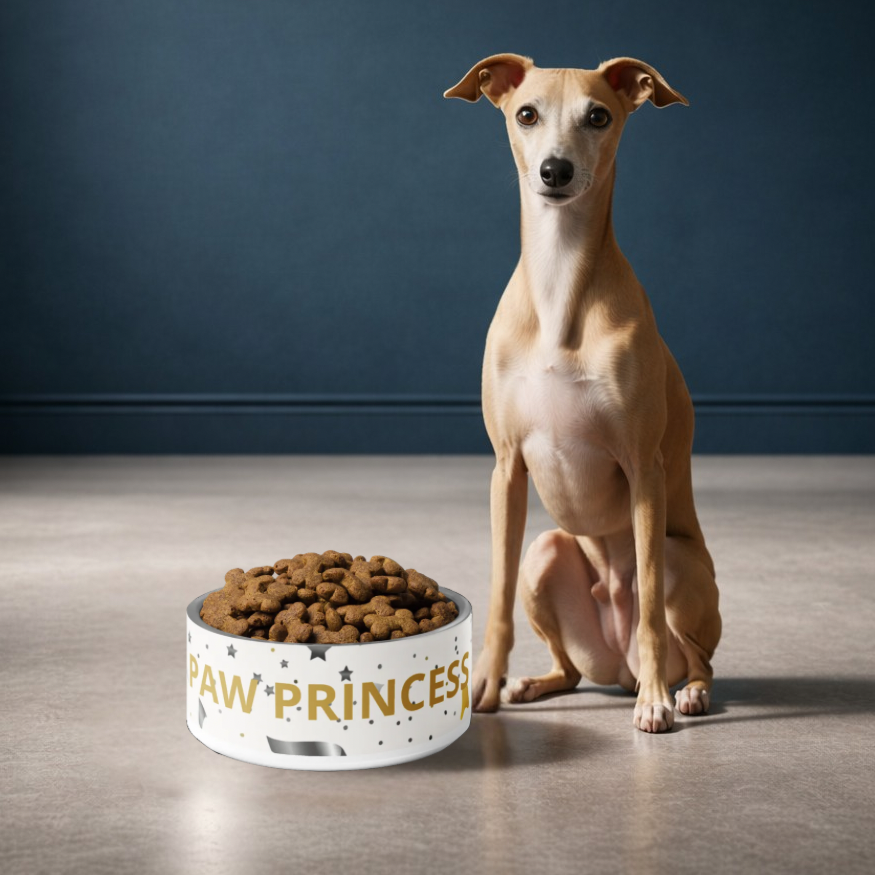 Dog sitting next to a bowl of kibble with 'Paw Princess' branding on a dark background