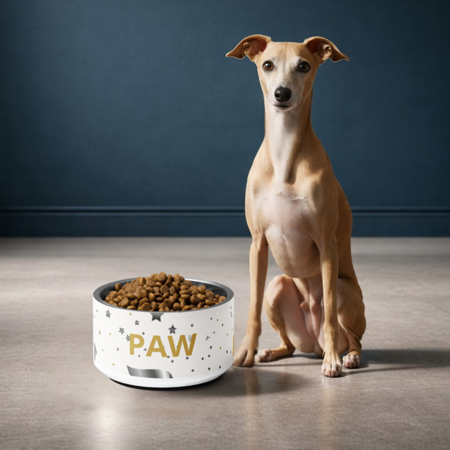 Dog sitting next to a bowl of food with 'PAW' branding on a wooden floor.