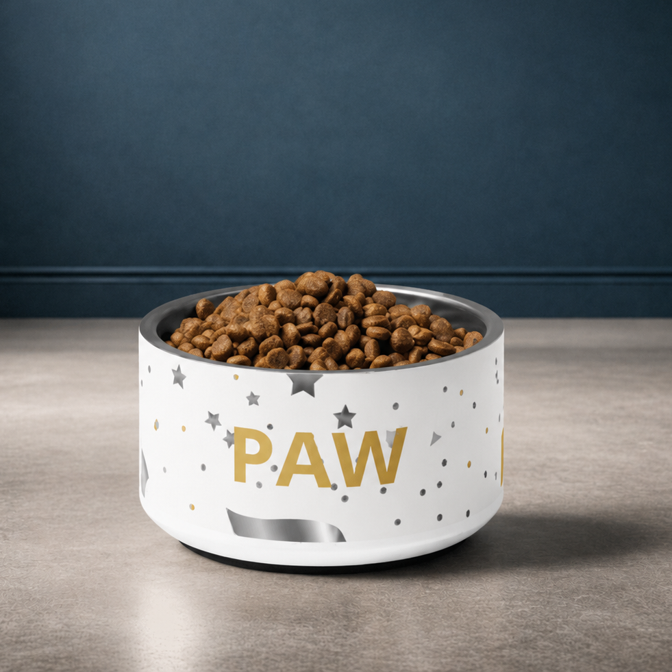 Dog food bowl with 'PAW' label on a wooden surface and dark background